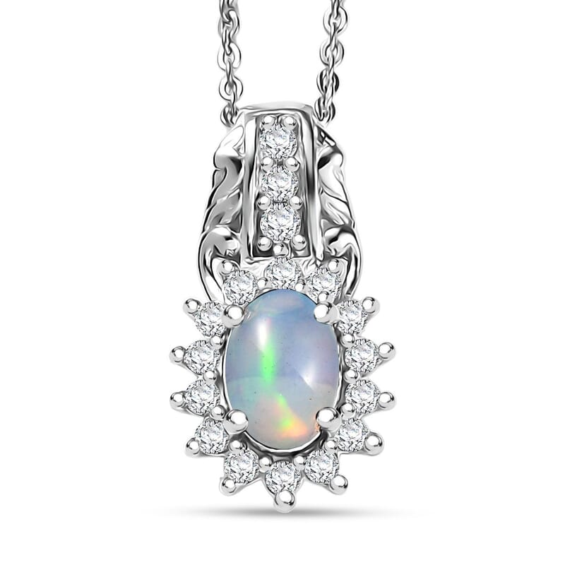 D'Joy Ethiopian Welo Opal and White Zircon 0.90 ctw Pendant Necklace in Rhodium Over Sterling Silver 20 Inches