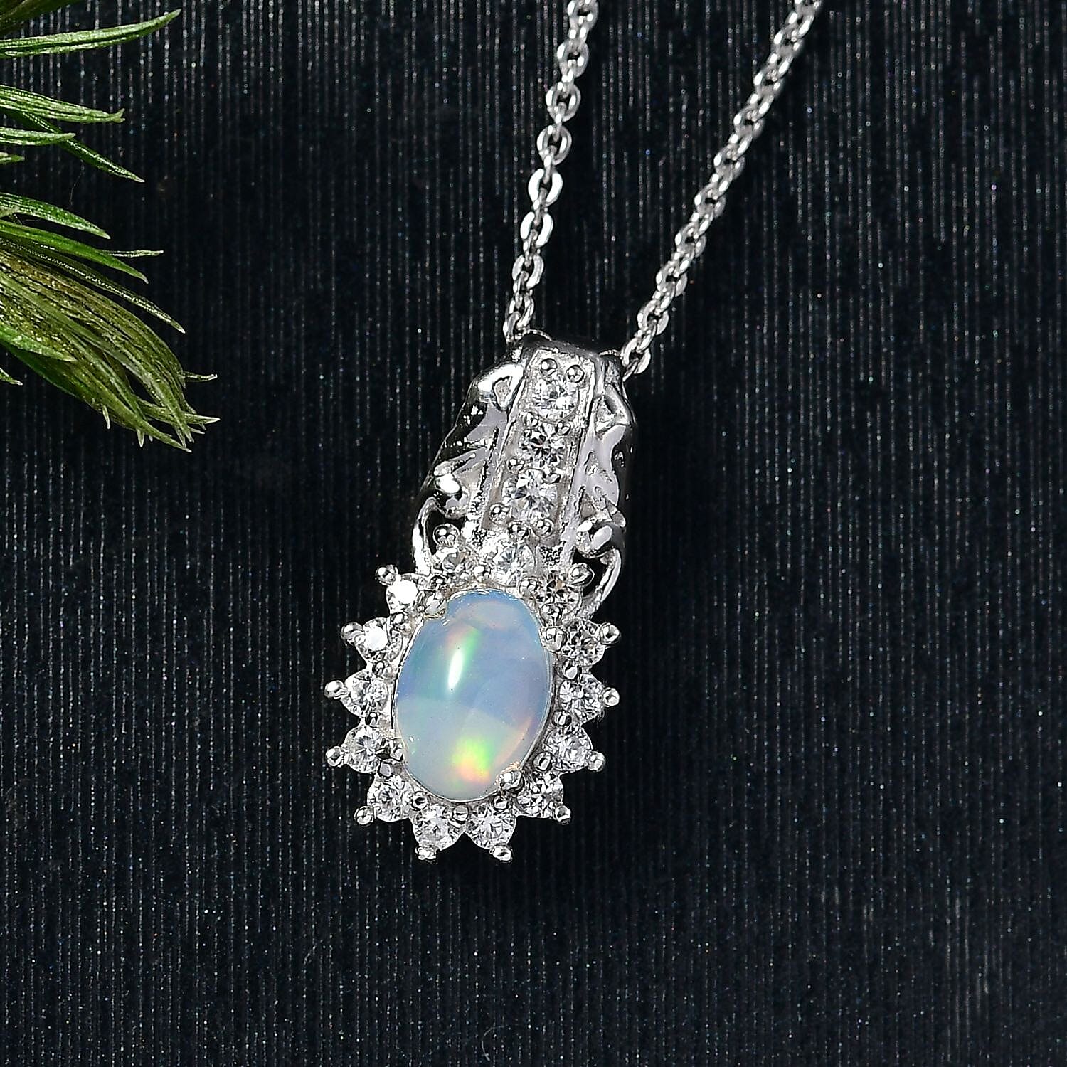D'Joy Ethiopian Welo Opal and White Zircon 0.90 ctw Pendant Necklace in Rhodium Over Sterling Silver 20 Inches