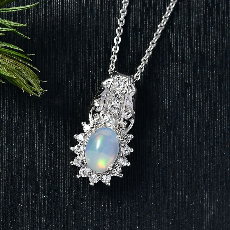 D'Joy Ethiopian Welo Opal and White Zircon 0.90 ctw Pendant Necklace in Rhodium Over Sterling Silver 20 Inches