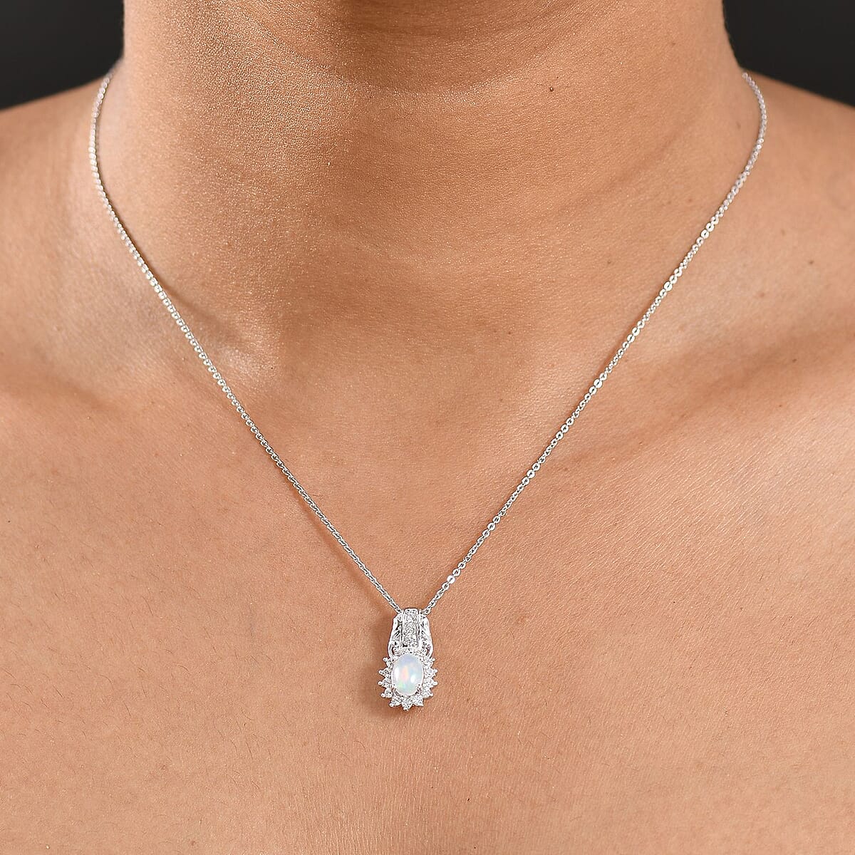 D'Joy Ethiopian Welo Opal and White Zircon 0.90 ctw Pendant Necklace in Rhodium Over Sterling Silver 20 Inches image number 2