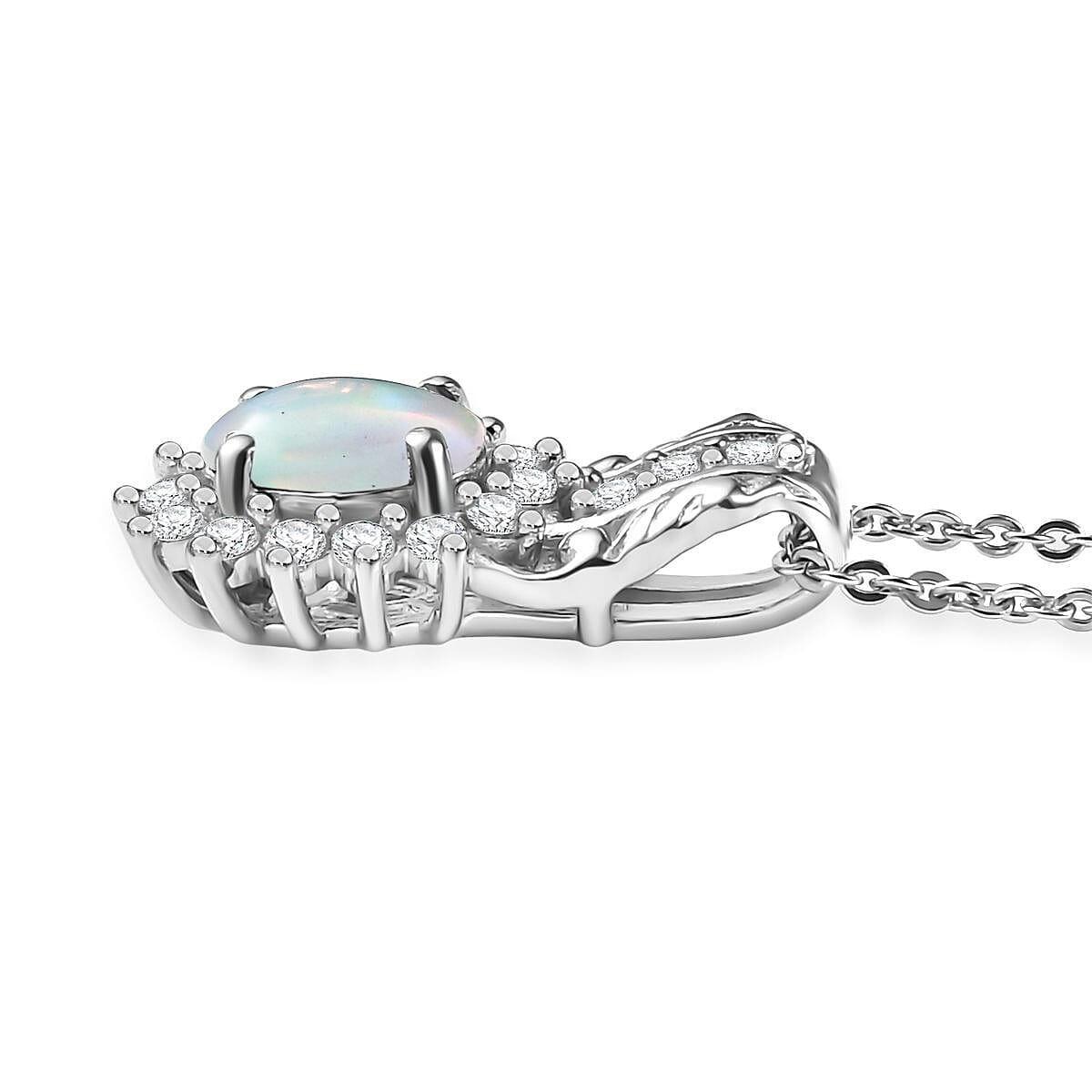 D'Joy Ethiopian Welo Opal and White Zircon 0.90 ctw Pendant Necklace in Rhodium Over Sterling Silver 20 Inches