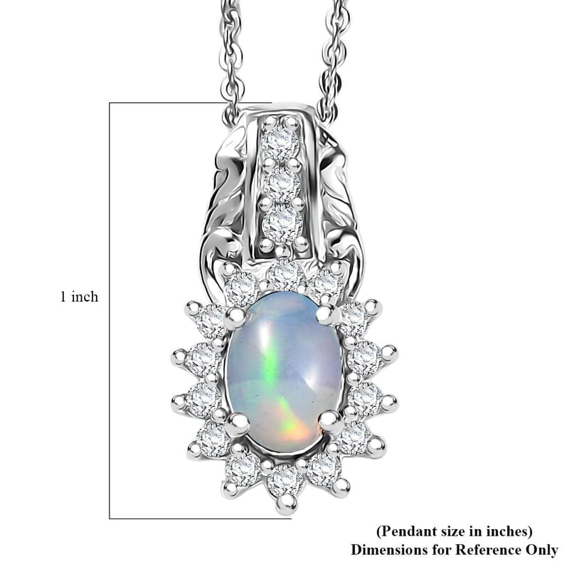 D'Joy Ethiopian Welo Opal and White Zircon 0.90 ctw Pendant Necklace in Rhodium Over Sterling Silver 20 Inches