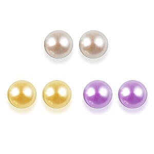 Set of 3 - Golden and Purple Pearl (D) and Freshwater Pearl Stud Earrings in Stainless Steel