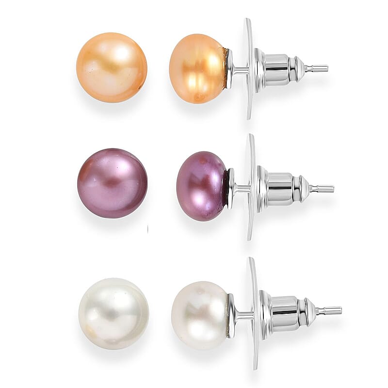 Set of 3 Golden, Purple and White Freshwater Pearl Stud Earrings in Stainless Steel