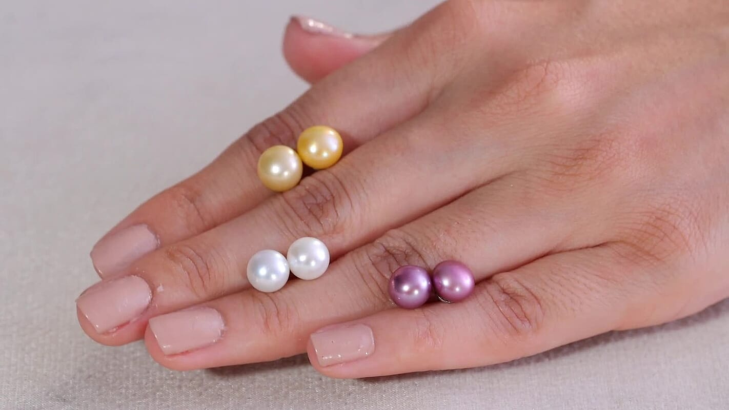 Set of 3 - Golden and Purple Pearl (D) and Freshwater Pearl Stud Earrings in Stainless Steel