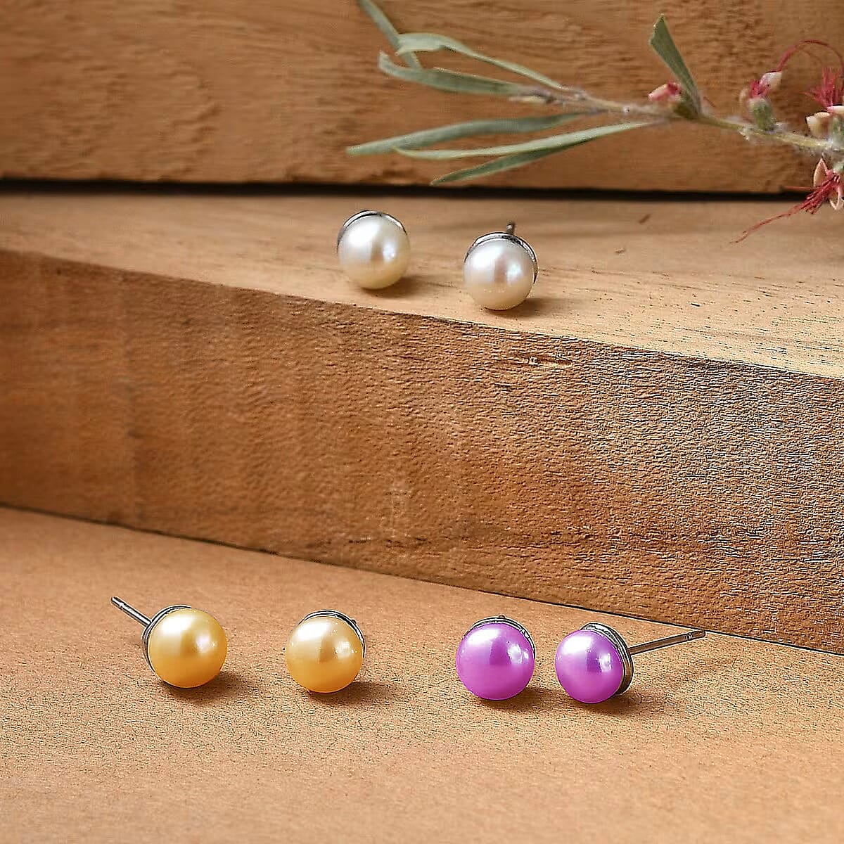 Set of 3 - Golden and Purple Pearl (D) and Freshwater Pearl Stud Earrings in Stainless Steel image number 1