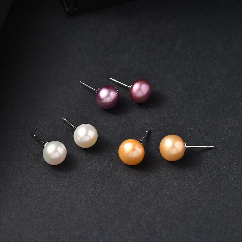 Set of 3 Golden, Purple and White Freshwater Pearl Stud Earrings in Stainless Steel