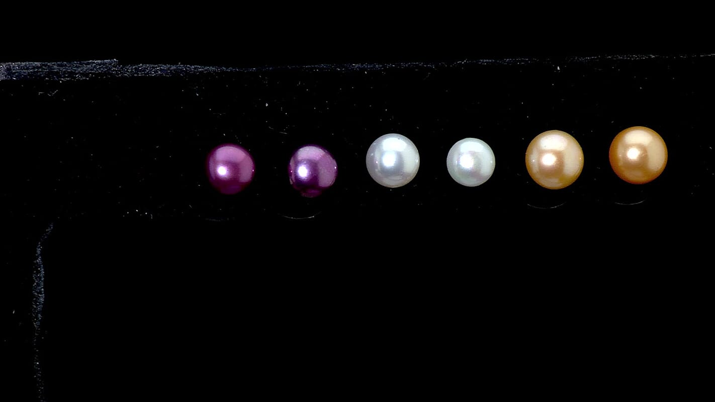 Set of 3 - Golden and Purple Pearl (D) and Freshwater Pearl Stud Earrings in Stainless Steel
