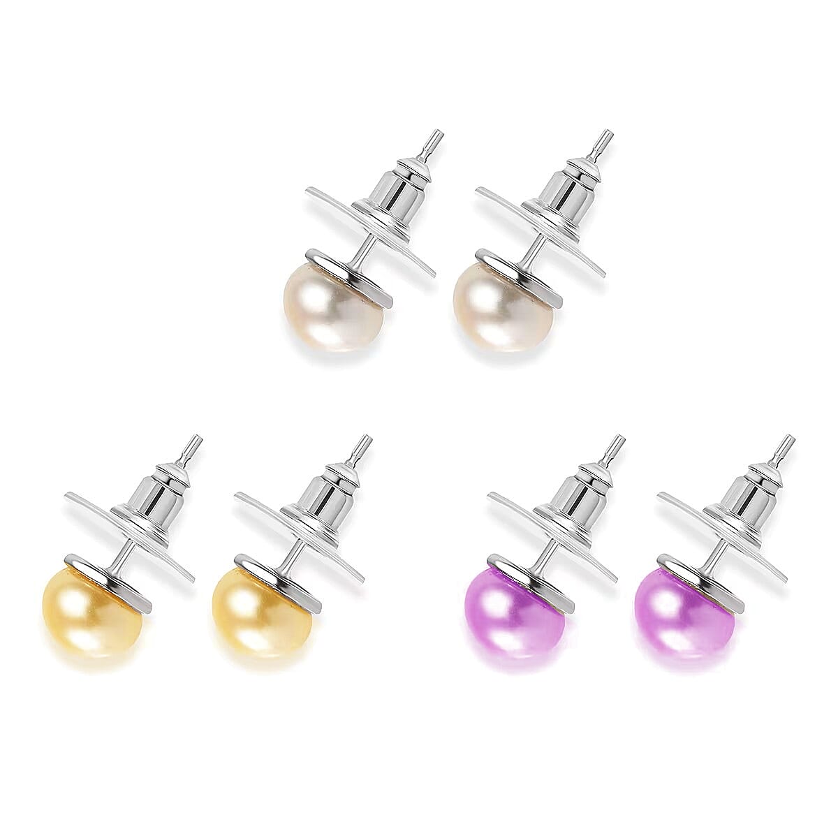 Set of 3 - Golden and Purple Pearl (D) and Freshwater Pearl Stud Earrings in Stainless Steel image number 2
