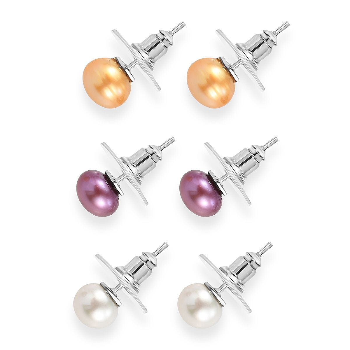 Set of 3 - Golden and Purple Pearl (D) and Freshwater Pearl Stud Earrings in Stainless Steel image number 4