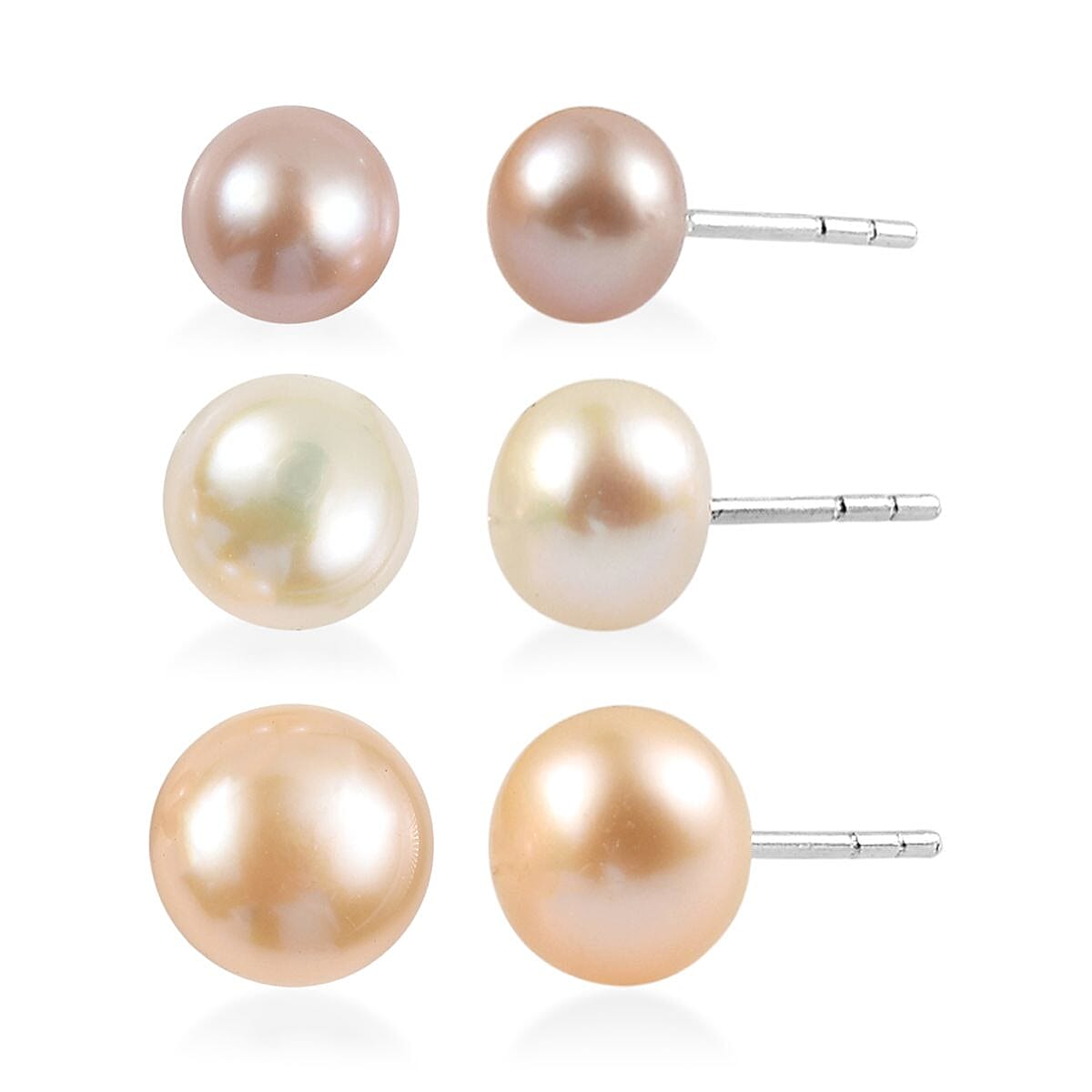 Set of 3 - Freshwater Peach, White and Pink Pearl Stud Earrings in Sterling Silver image number 0
