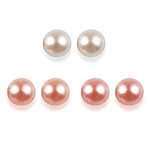 Set of 3 - Freshwater Peach, White and Pink Pearl Stud Earrings in Sterling Silver