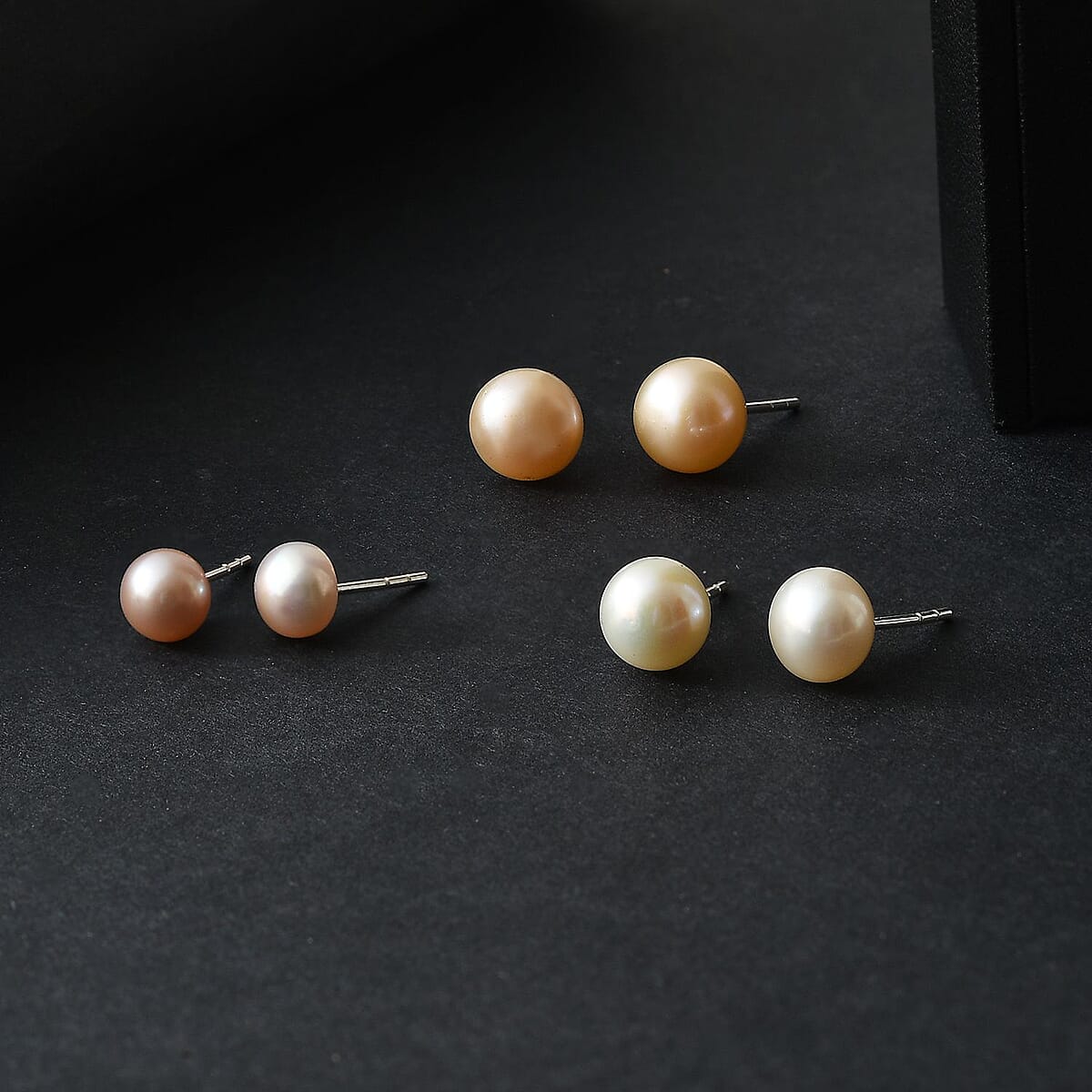 Set of 3 - Freshwater Peach, White and Pink Pearl Stud Earrings in Sterling Silver image number 1