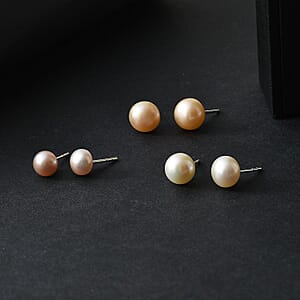 Set of 3 - Freshwater Peach, White and Pink Pearl Stud Earrings in Sterling Silver