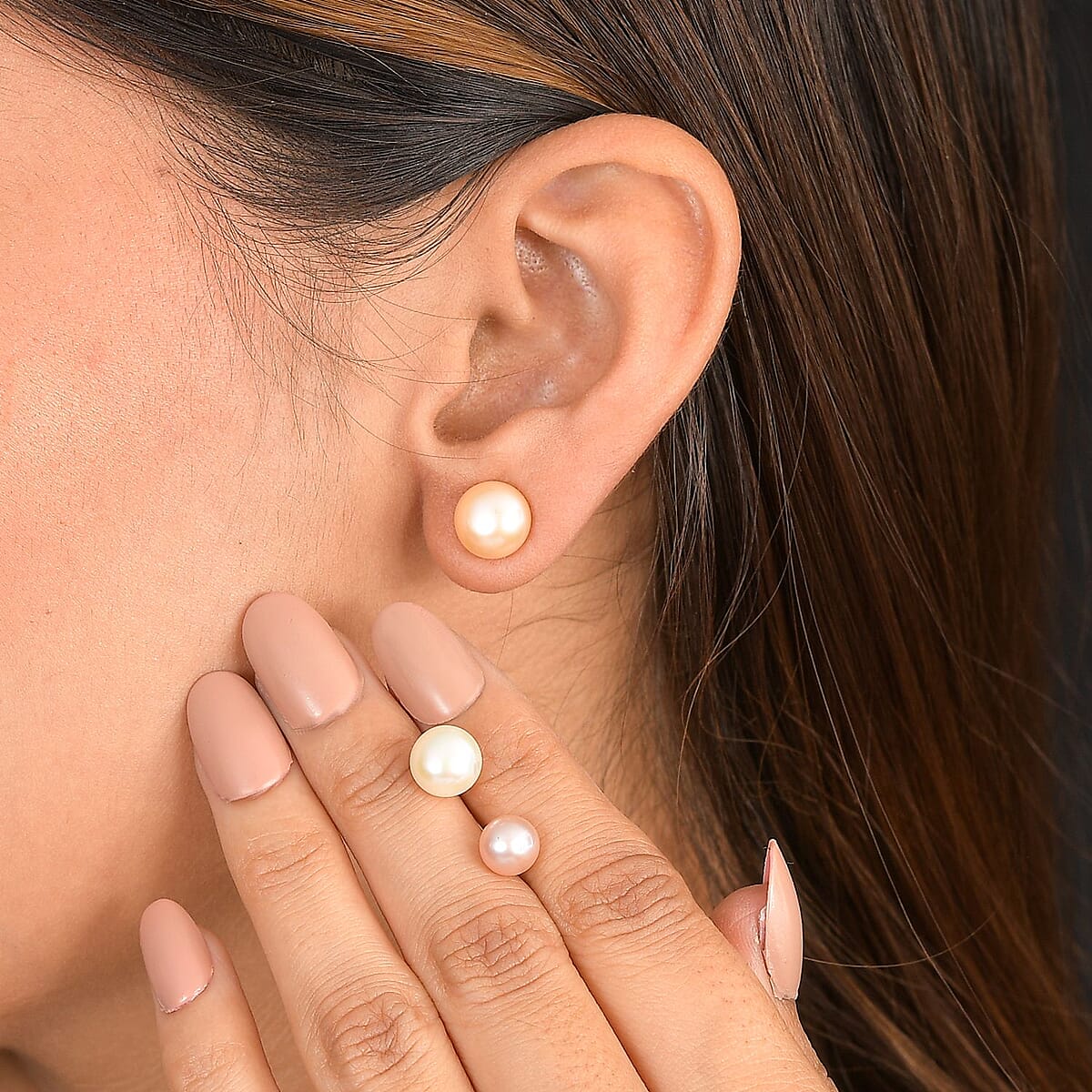 Set of 3 - Freshwater Peach, White and Pink Pearl Stud Earrings in Sterling Silver image number 2