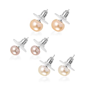 Set of 3 - Freshwater Peach, White and Pink Pearl Stud Earrings in Sterling Silver