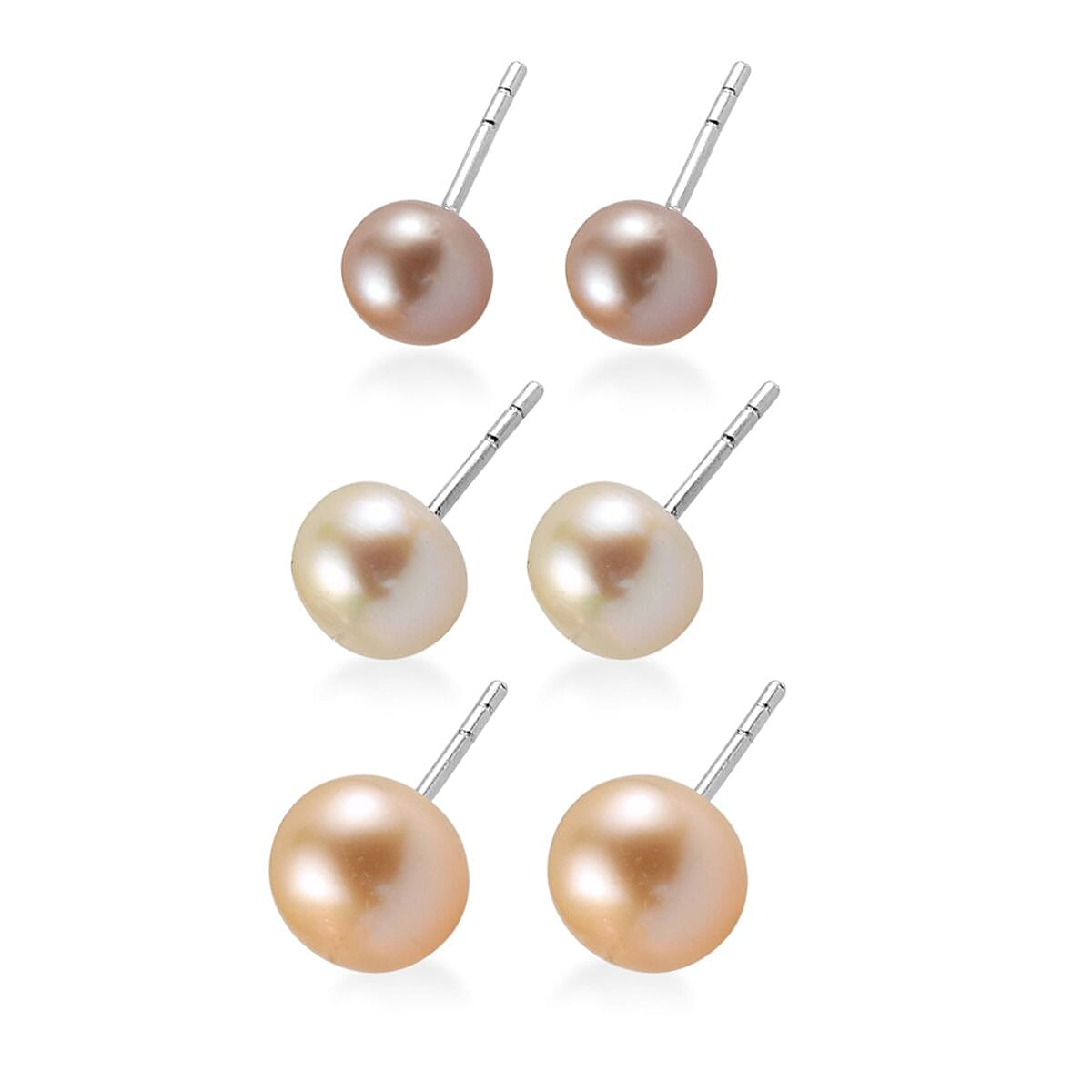 Set of 3 - Freshwater Peach, White and Pink Pearl Stud Earrings in Sterling Silver image number 4