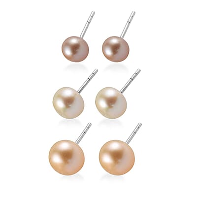 Set of 3 - Freshwater Peach, White and Pink Pearl Stud Earrings in Sterling Silver