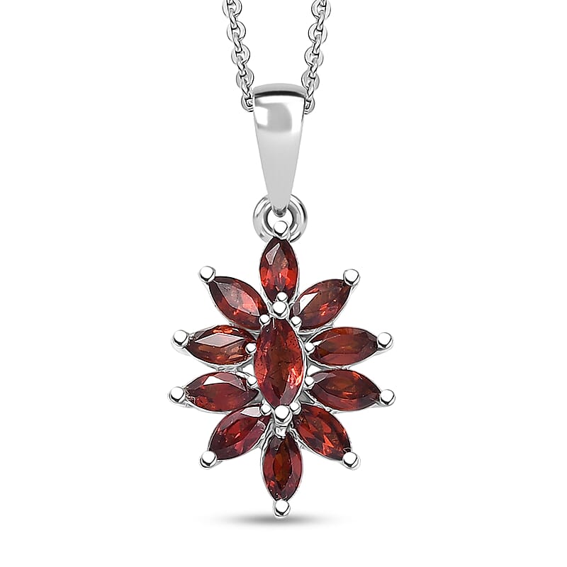 D'Joy Mozambique Garnet 1.20 ctw Floral Pendant Necklace in Rhodium Over Sterling Silver 20 Inches