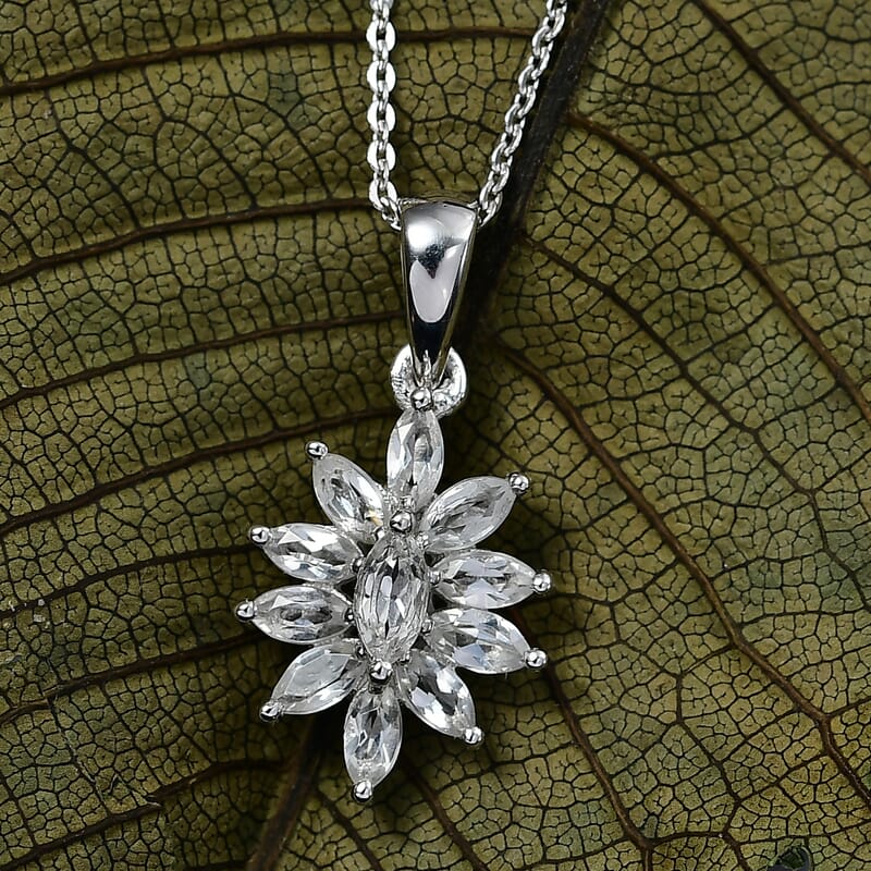 D'Joy White Topaz 1.15 ctw Floral Pendant Necklace in Rhodium Over Sterling Silver 20 Inches