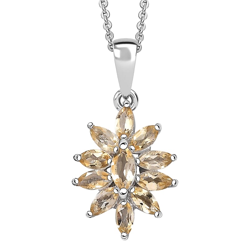 D'Joy Brazilian Citrine 0.90 ctw Floral Pendant Necklace in Rhodium Over Sterling Silver 20 Inches