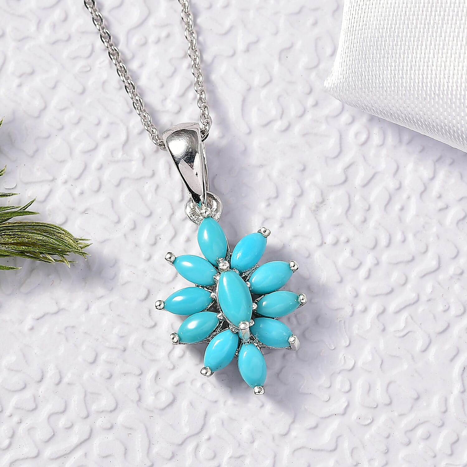 D'Joy Premium Sleeping Beauty Turquoise 1.00 ctw Floral Pendant Necklace in Rhodium Over Sterling Silver 20 Inches 