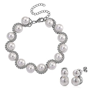 White Shell Pearl Twilight Waves Bracelet (7.75-9.75In) and Stud Earrings in Stainless Steel