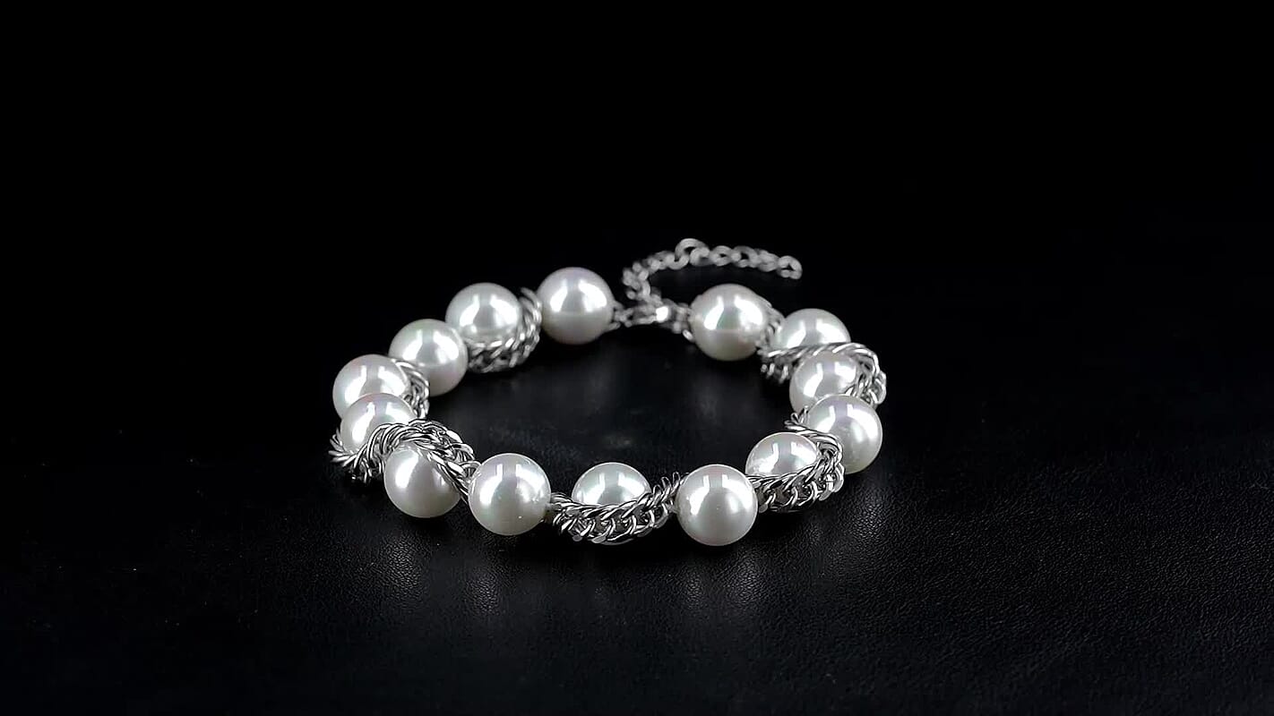 White Shell Pearl Bracelet (7.75-9.75In) and Stud Earrings in Stainless Steel