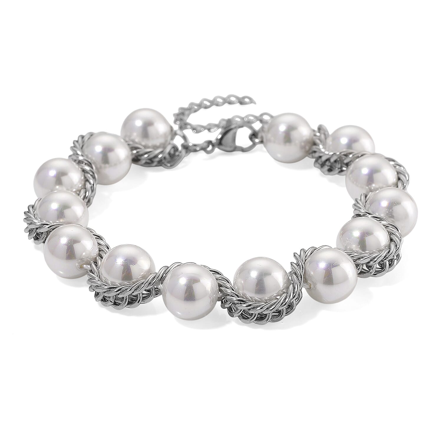 White Shell Pearl Twilight Waves Bracelet (7.75-9.75In) and Stud Earrings in Stainless Steel