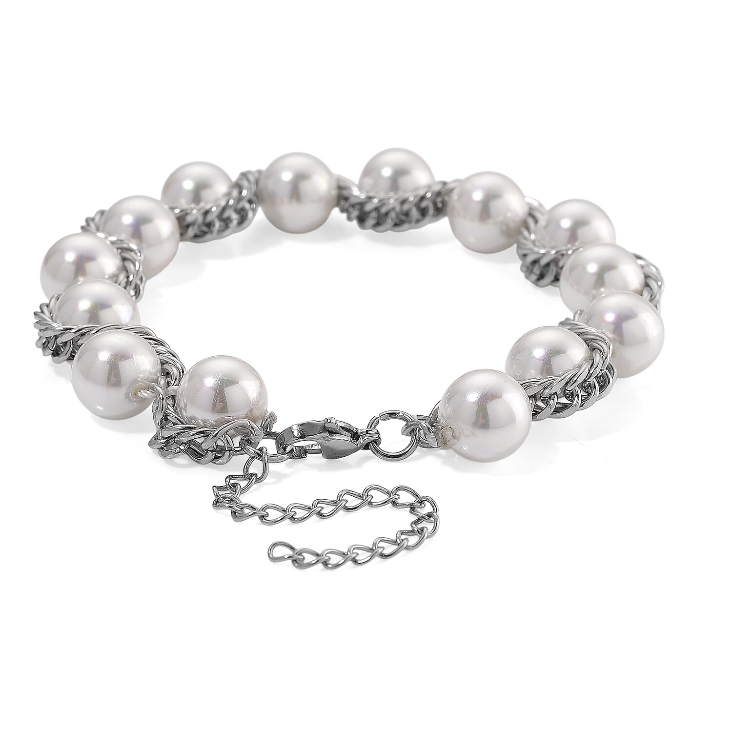 White Shell Pearl Twilight Waves Bracelet (7.75-9.75In) and Stud Earrings in Stainless Steel
