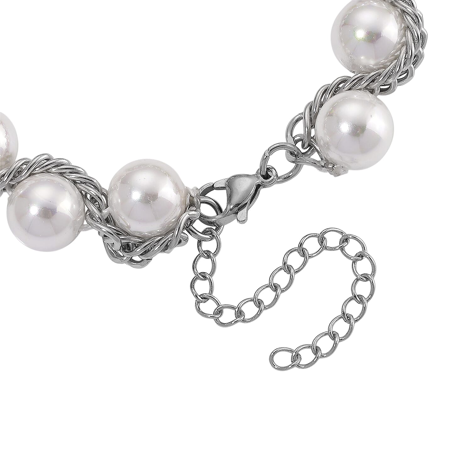 White Shell Pearl Twilight Waves Bracelet (7.75-9.75In) and Stud Earrings in Stainless Steel