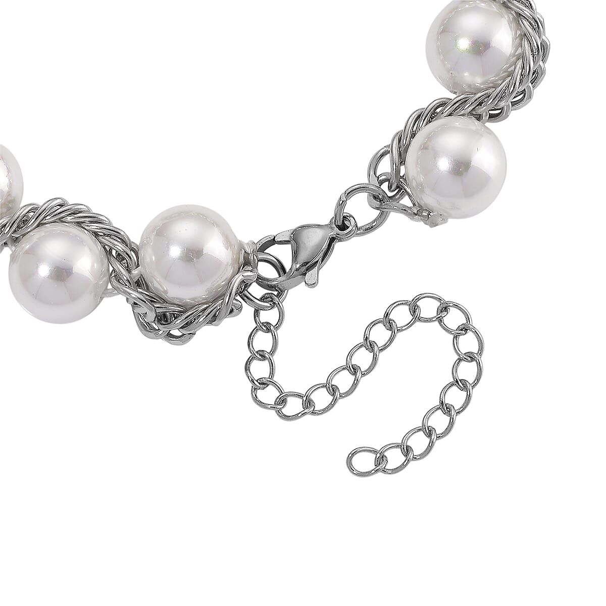 White Shell Pearl Bracelet (7.75-9.75In) and Stud Earrings in Stainless Steel image number 4