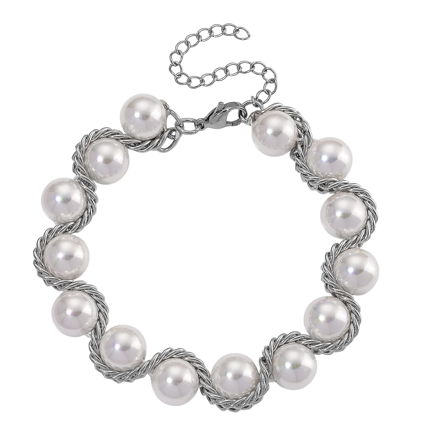 White Shell Pearl Twilight Waves Bracelet (7.75-9.75In) and Stud Earrings in Stainless Steel