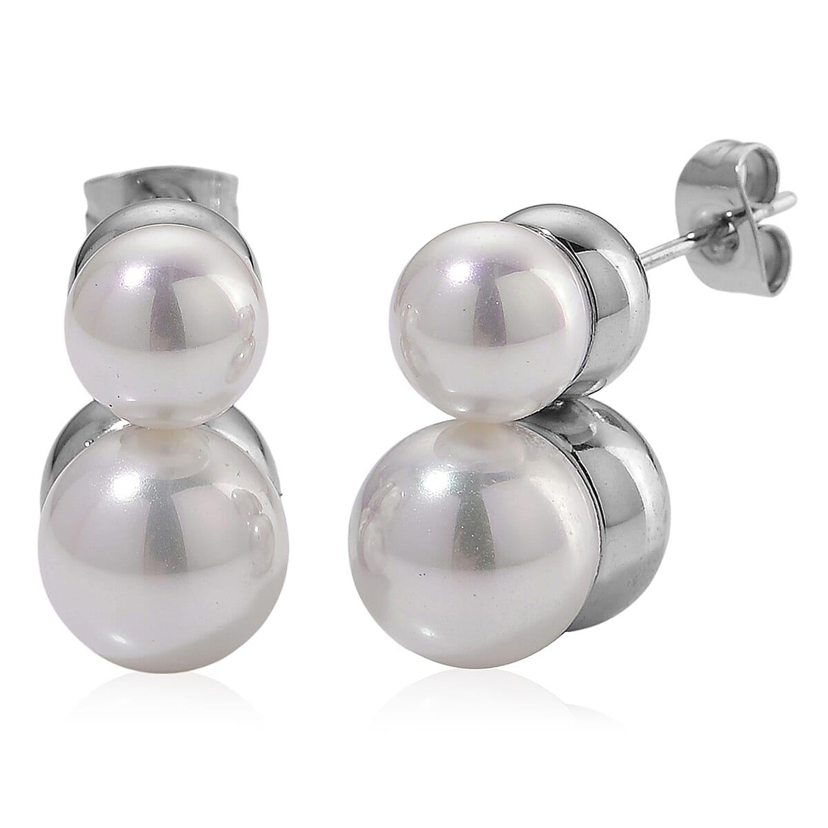 White Shell Pearl Twilight Waves Bracelet (7.75-9.75In) and Stud Earrings in Stainless Steel
