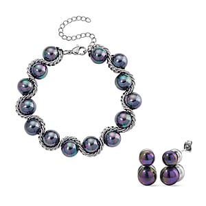 Peacock Color Shell Pearl Twilight Waves Bracelet (7.75-9.75In) and Stud Earrings in Stainless Steel