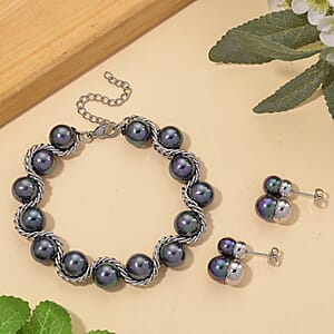 Peacock Color Shell Pearl Twilight Waves Bracelet (7.75-9.75In) and Stud Earrings in Stainless Steel