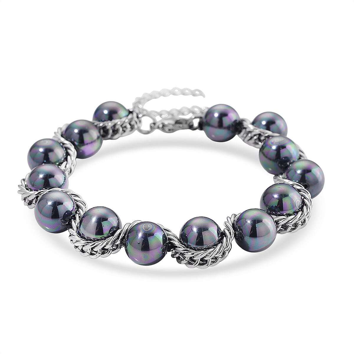 Peacock Color Shell Pearl Twilight Waves Bracelet (7.75-9.75In) and Stud Earrings in Stainless Steel image number 3
