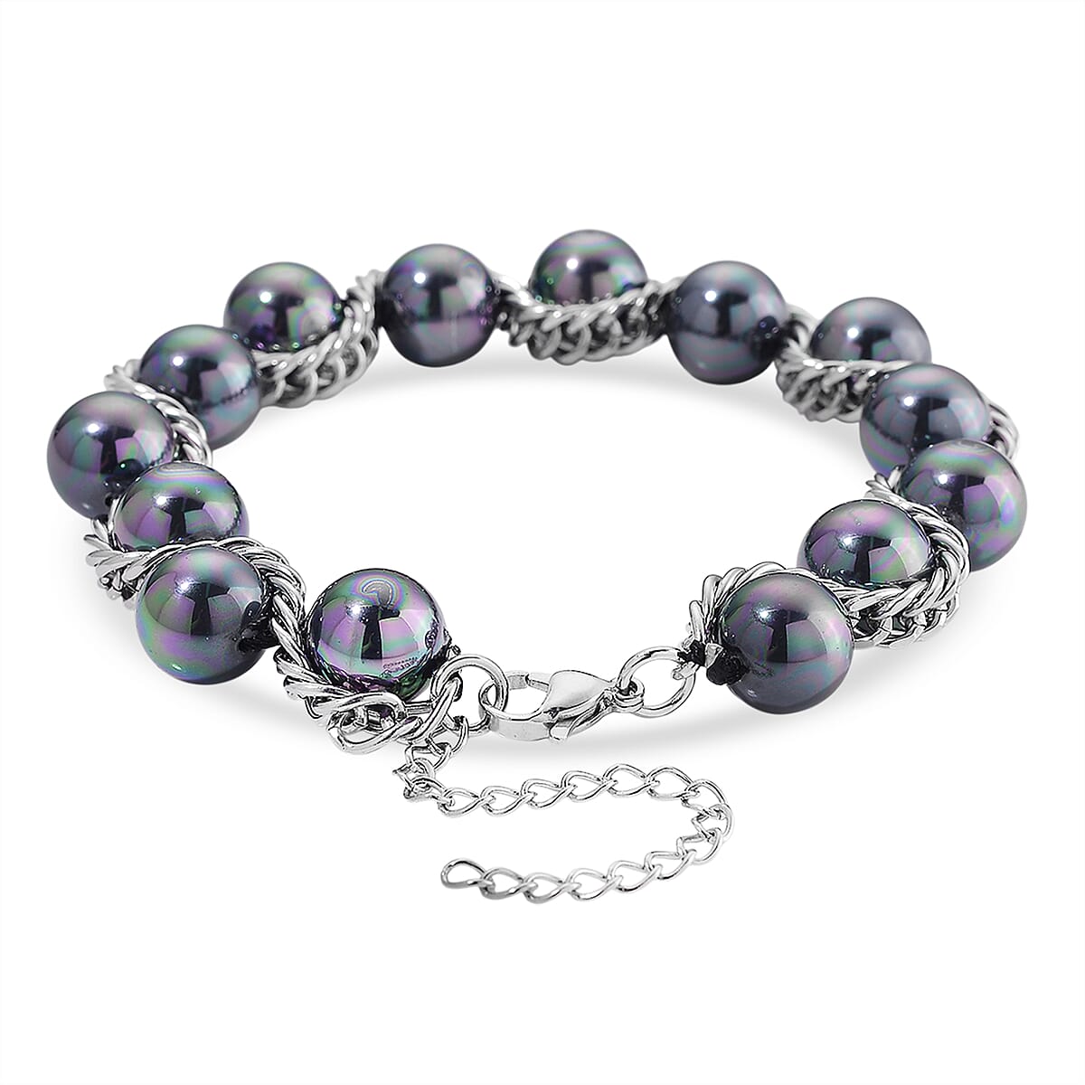 Peacock Color Shell Pearl Twilight Waves Bracelet (7.75-9.75In) and Stud Earrings in Stainless Steel image number 4