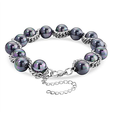 Peacock Color Shell Pearl Twilight Waves Bracelet (7.75-9.75In) and Stud Earrings in Stainless Steel