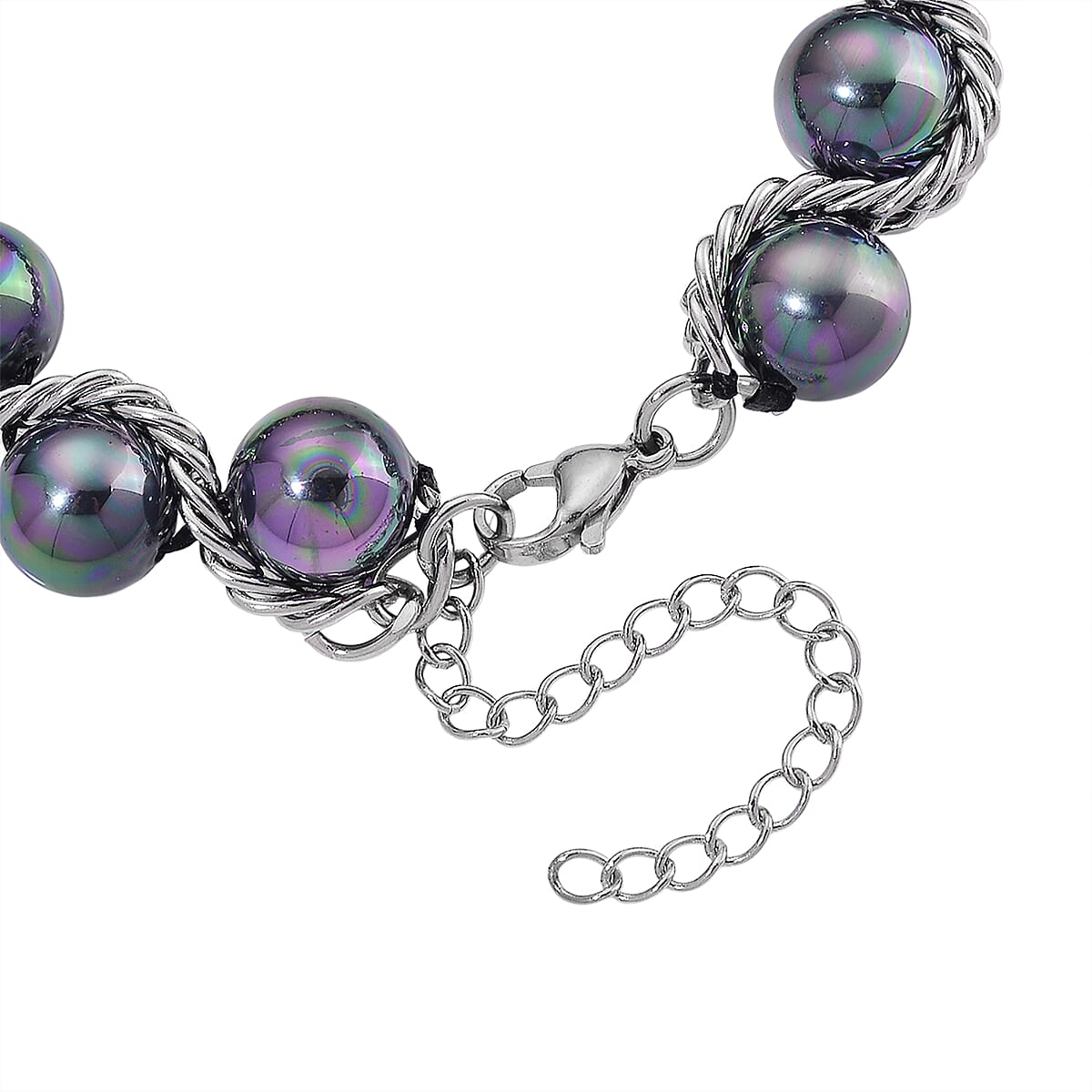 Peacock Color Shell Pearl Twilight Waves Bracelet (7.75-9.75In) and Stud Earrings in Stainless Steel image number 5