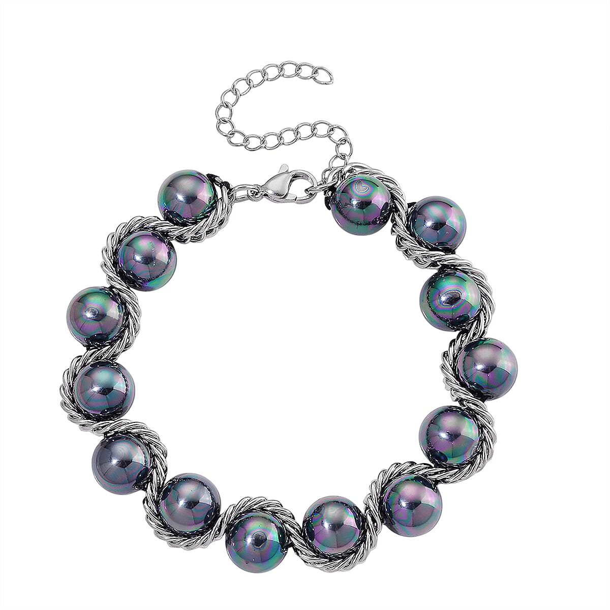 Peacock Color Shell Pearl Twilight Waves Bracelet (7.75-9.75In) and Stud Earrings in Stainless Steel image number 6