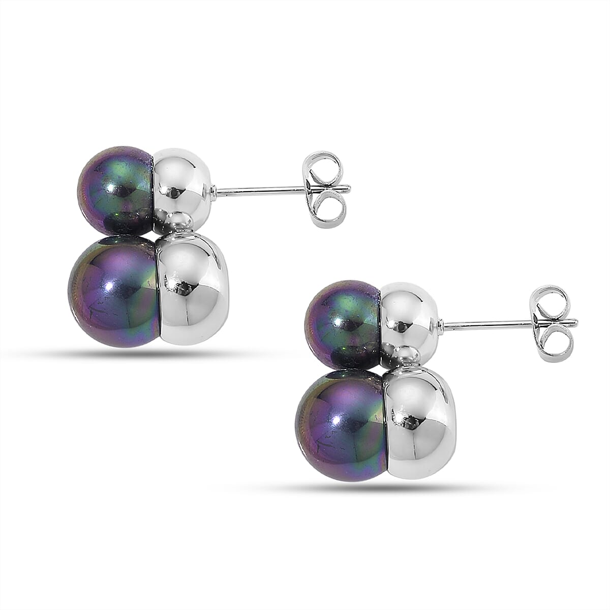 Peacock Color Shell Pearl Twilight Waves Bracelet (7.75-9.75In) and Stud Earrings in Stainless Steel image number 7