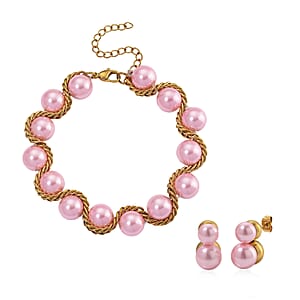 Pink Shell Pearl Twilight Waves Bracelet (7.75-9.75In) and Stud Earrings in ION Plated YG Stainless Steel