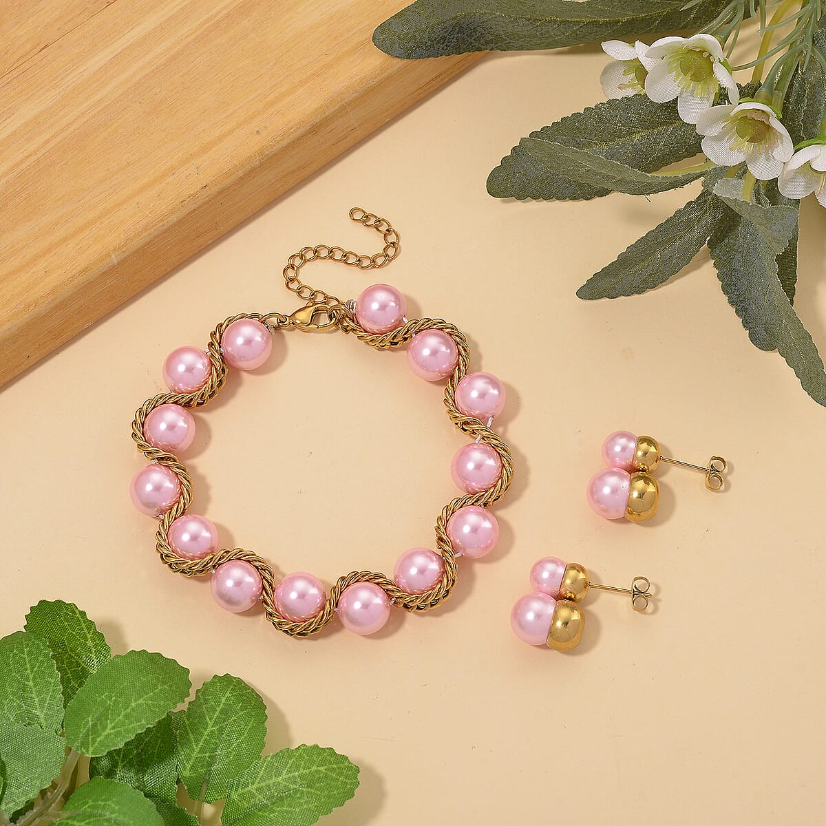 Pink Shell Pearl Twilight Waves Bracelet (7.75-9.75In) and Stud Earrings in ION Plated YG Stainless Steel image number 1