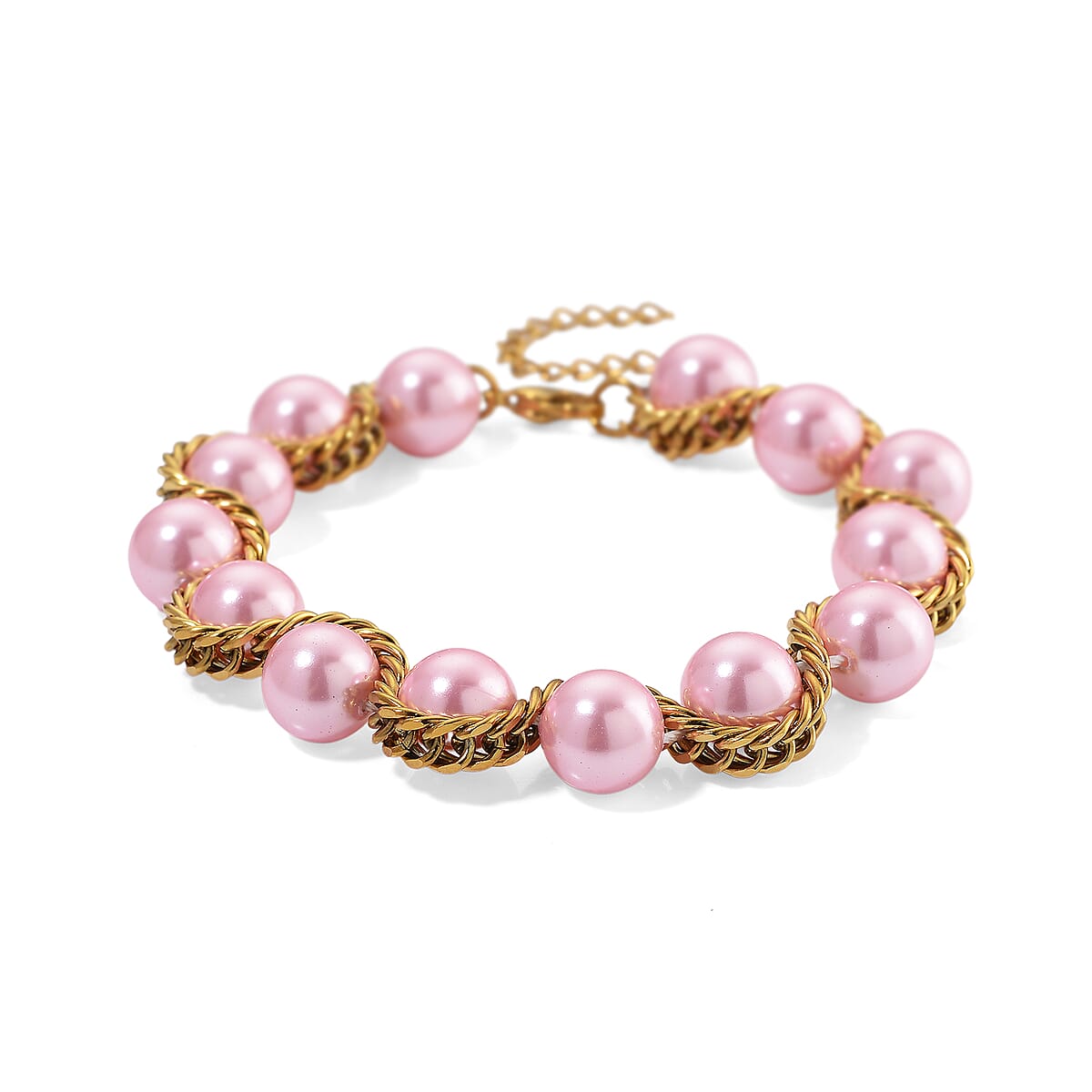 Pink Shell Pearl Twilight Waves Bracelet (7.75-9.75In) and Stud Earrings in ION Plated YG Stainless Steel image number 2