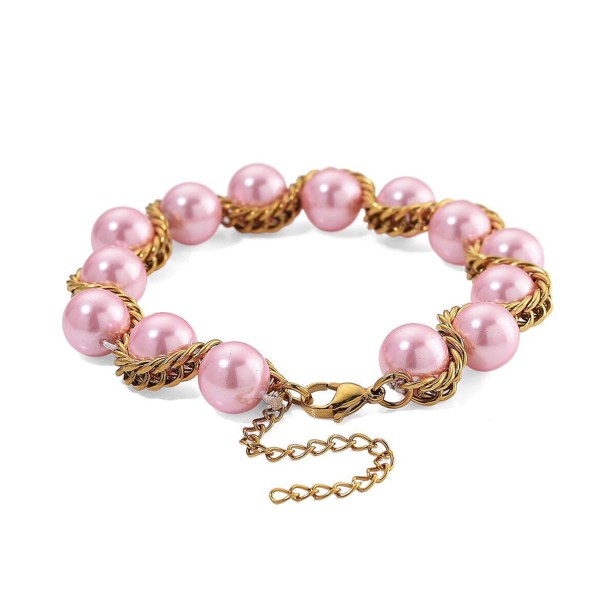 Pink Shell Pearl Twilight Waves Bracelet (7.75-9.75In) and Stud Earrings in ION Plated YG Stainless Steel image number 3