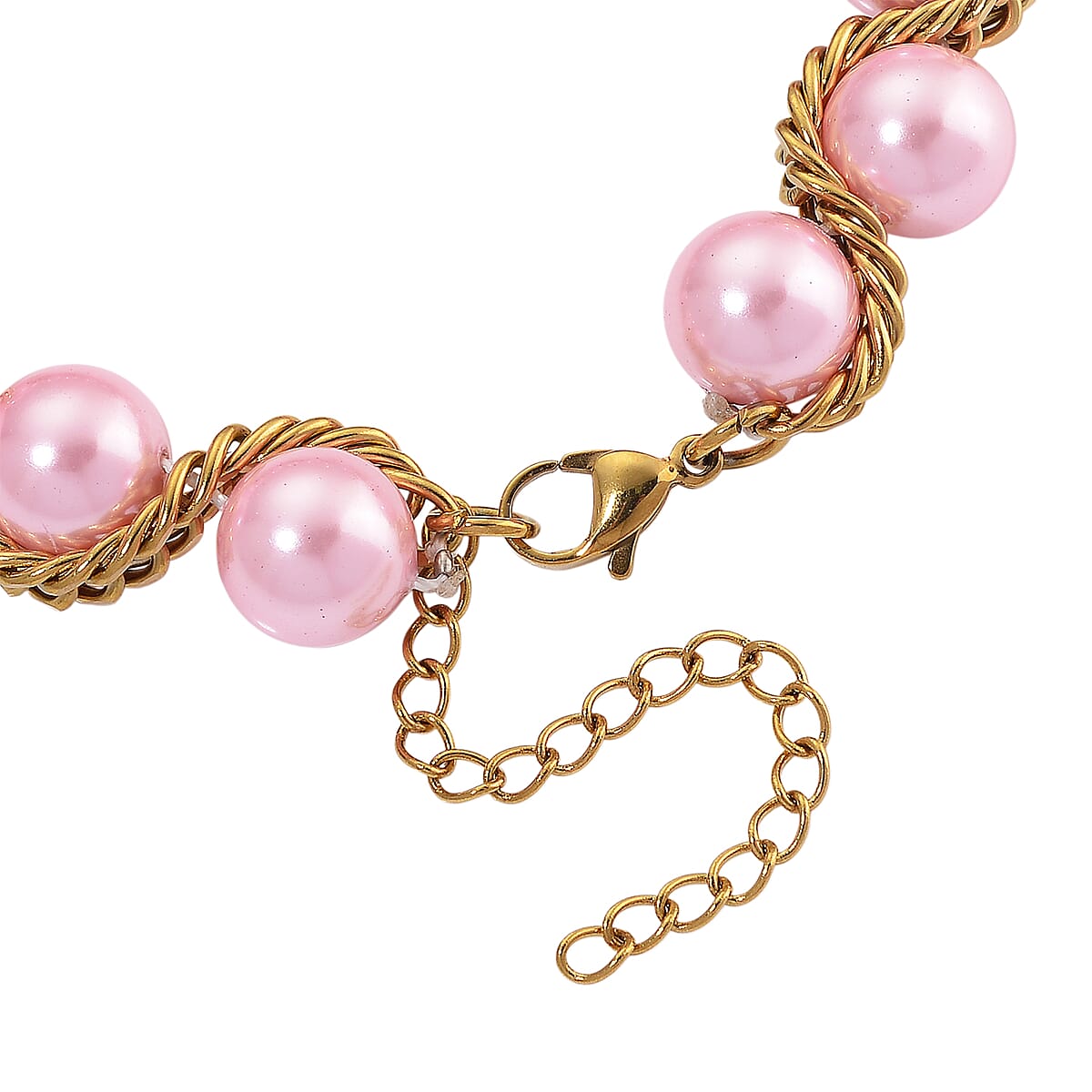 Pink Shell Pearl Twilight Waves Bracelet (7.75-9.75In) and Stud Earrings in ION Plated YG Stainless Steel image number 4