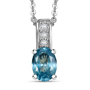 D'Joy Cambodian Blue Zircon and White Zircon 1.10 ctw Pendant Necklace in Rhodium Over Sterling Silver 20 Inches