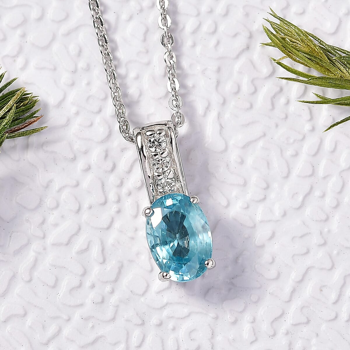 D'Joy Cambodian Blue Zircon and White Zircon 1.10 ctw Pendant Necklace in Rhodium Over Sterling Silver 20 Inches image number 1