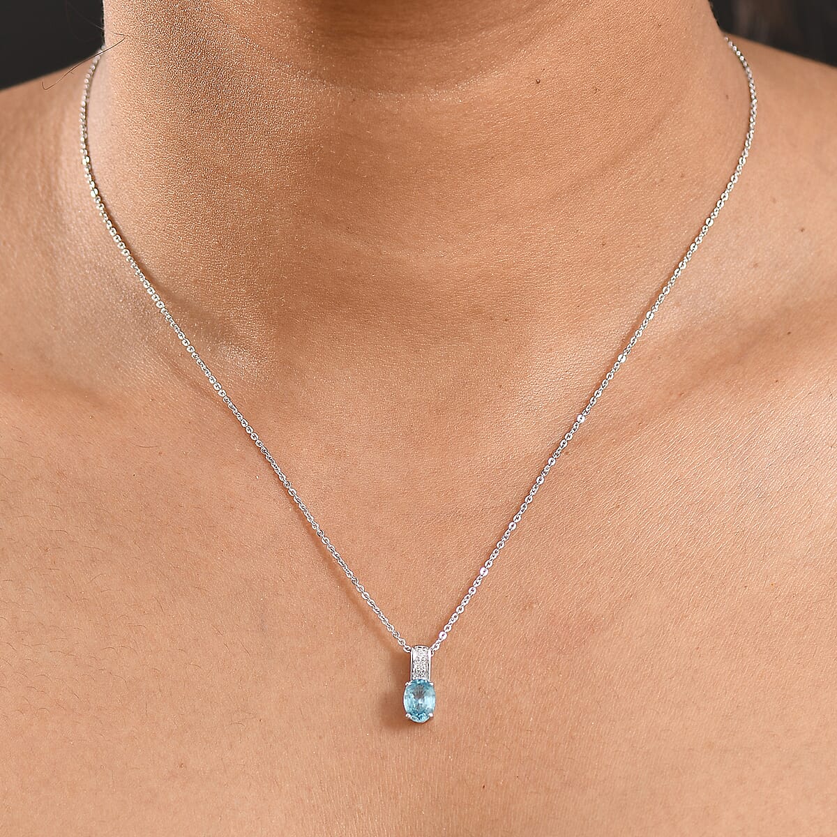 D'Joy Cambodian Blue Zircon and White Zircon 1.10 ctw Pendant Necklace in Rhodium Over Sterling Silver 20 Inches image number 2